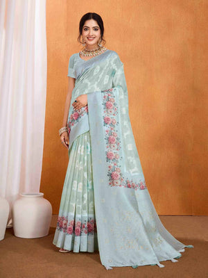 Seagreen Pure Cotton Lucknowi Woven Banarasi Saree With Ombre Floral Prints