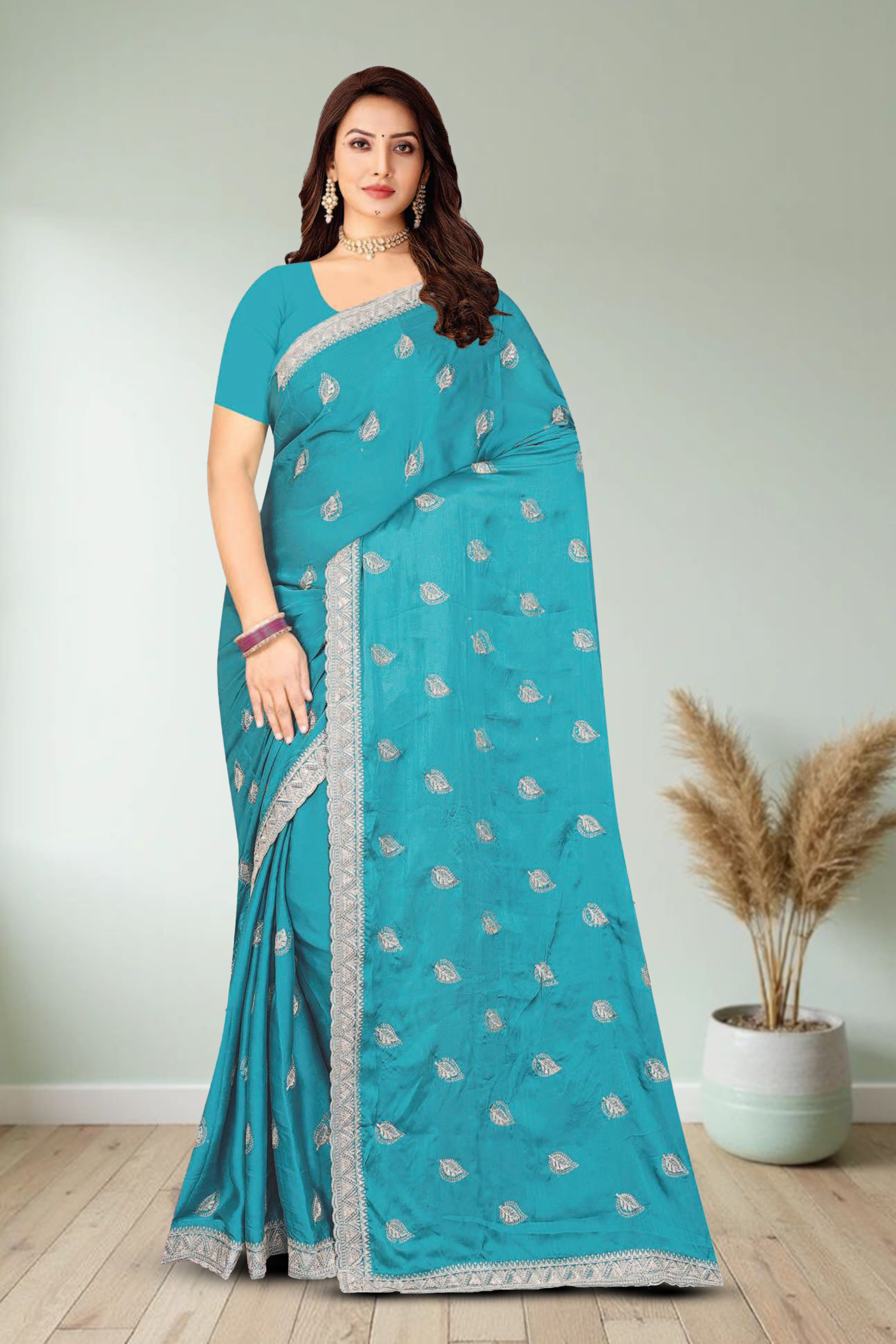 Fancy Dyed Embroidery Work Saree With Un-Stitched Blouse