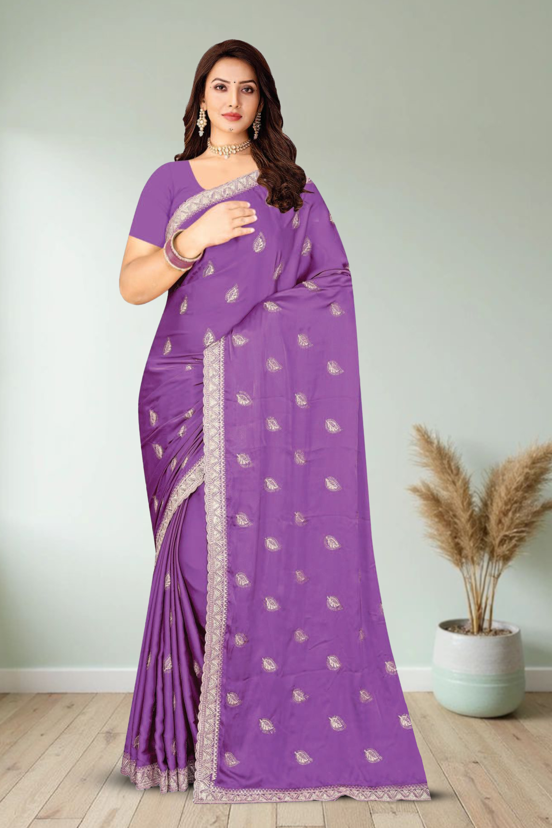 Fancy Dyed Embroidery Work Saree With Un-Stitched Blouse