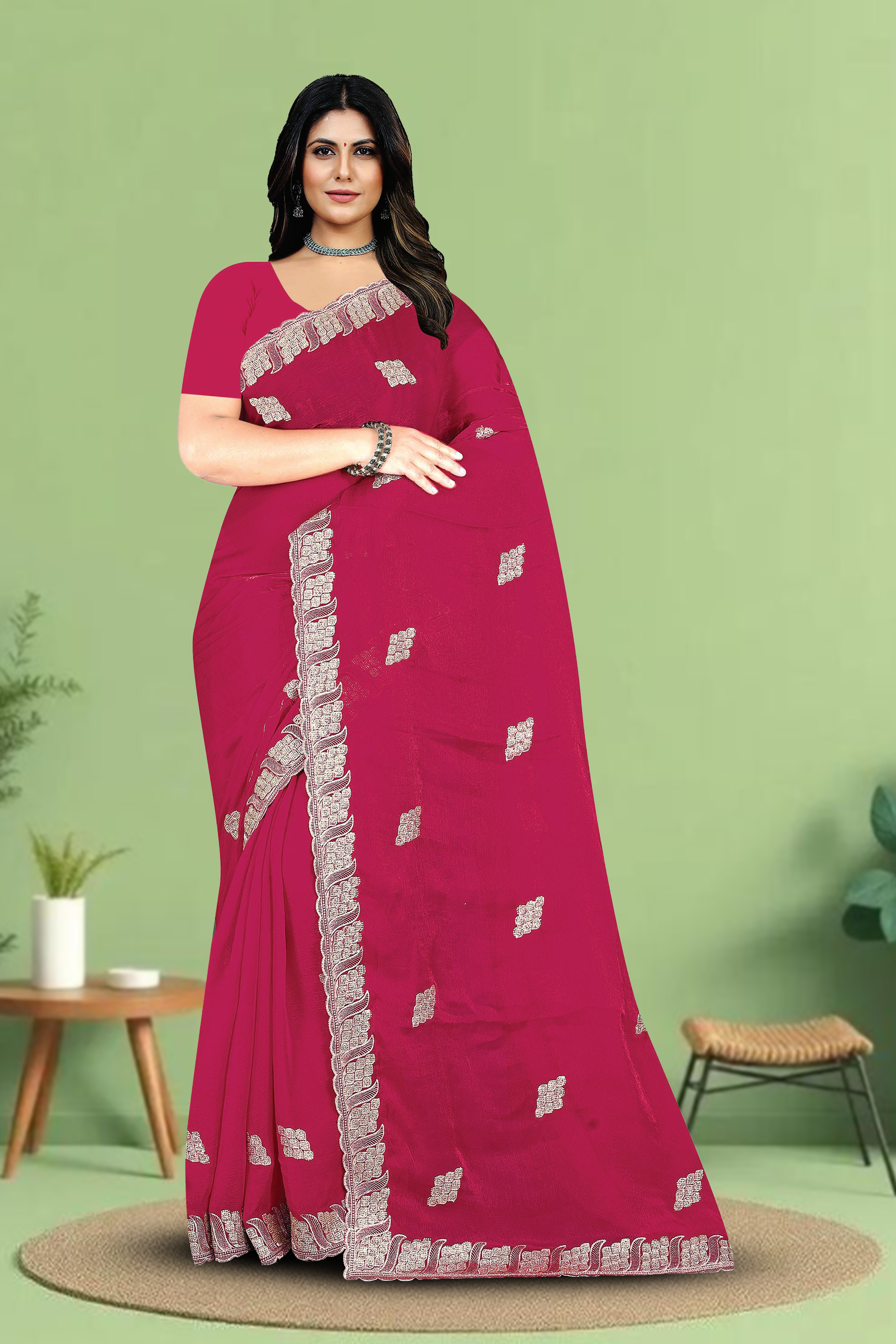 Fancy Dyed Embroidery Work Saree With Un-Stitched Blouse