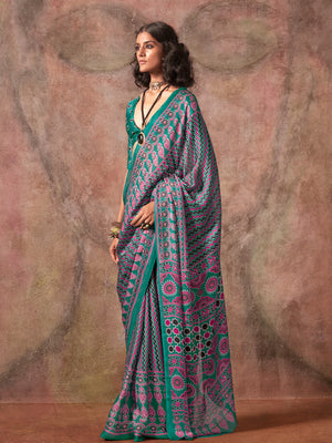 Rama Green Ajarakh Print Satin Georgette Saree With Blouse Piece