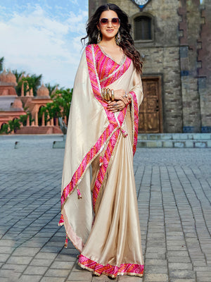 Beige Georgette Embellished Saree With Blouse Piece
