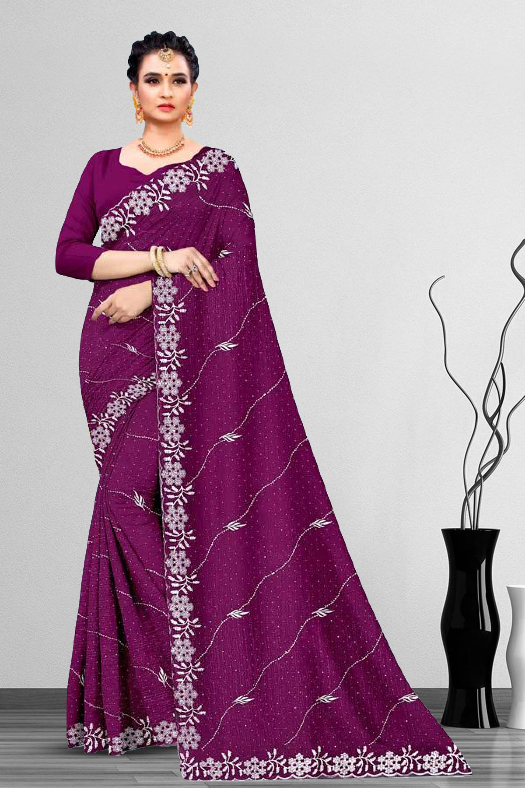 Dyed Embroidery Work Saree With Un Stitched Blouse
