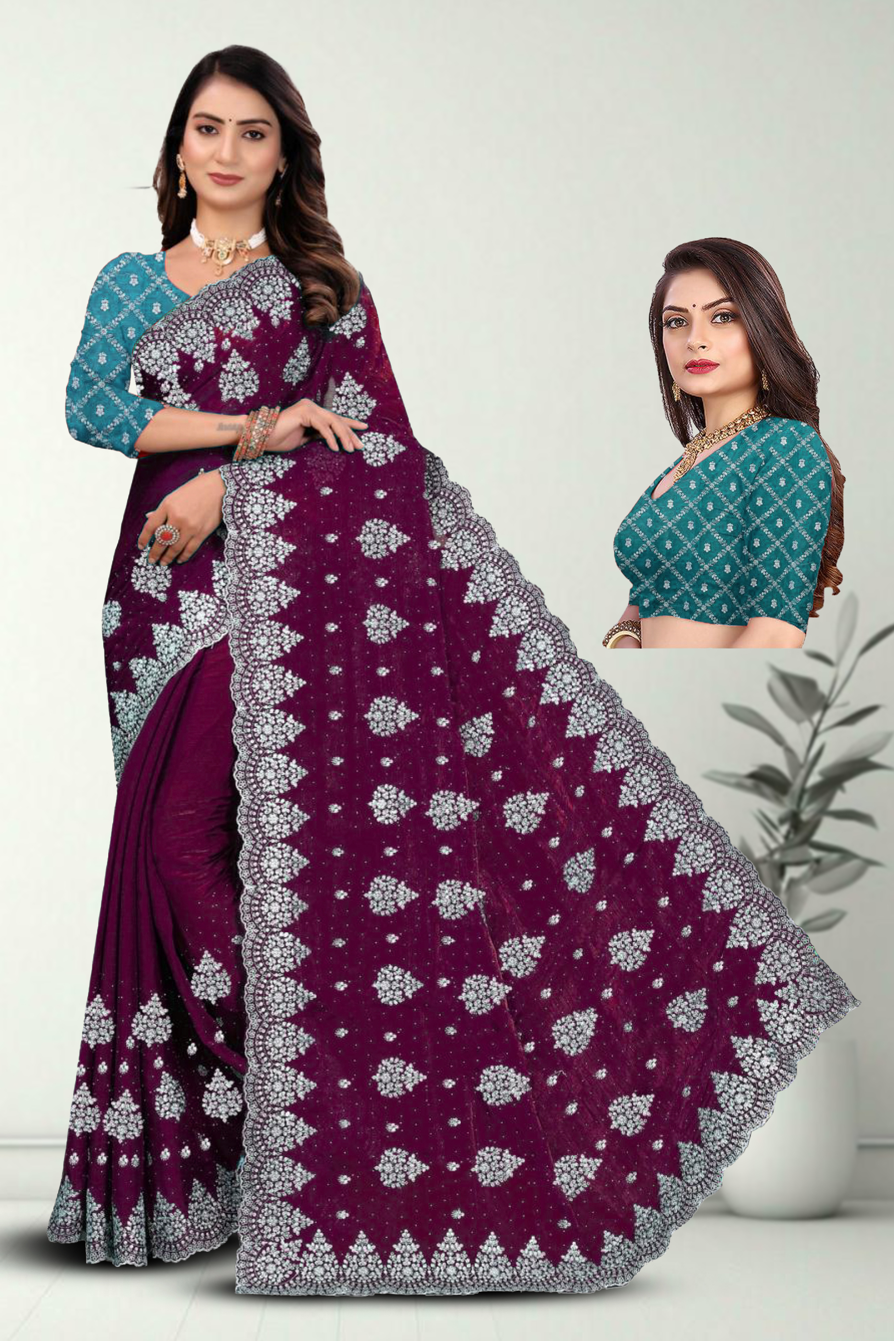 Fancy Dyed Embroidery Work Saree With Un-Stitched Blouse