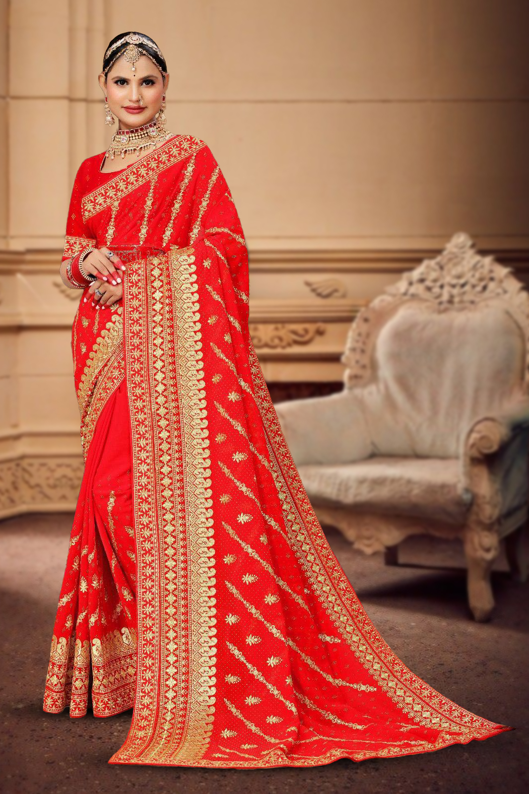 Fancy Dyed Embroidery Work Saree With Un-Stitched Blouse