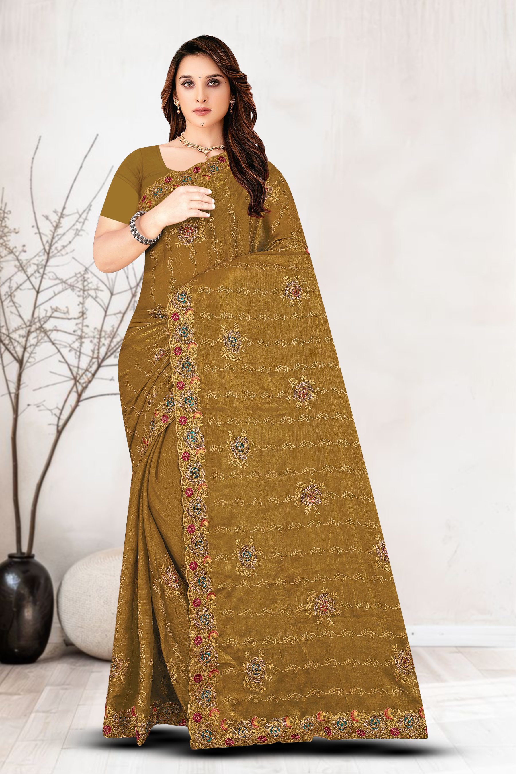 Dyed Embroidery Saree With Un-Stitched Blouse