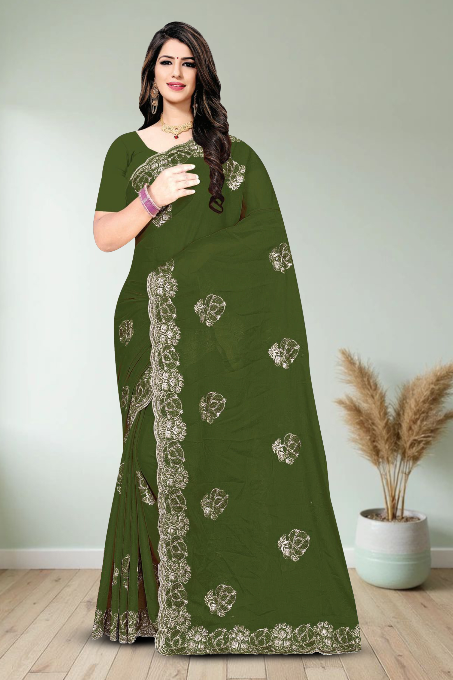 Fancy Dyed Embroidery Work Saree With Un-Stitched Blouse
