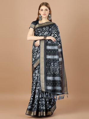 Black Paper Silk Daily Wear Saree With Blouse Piecde