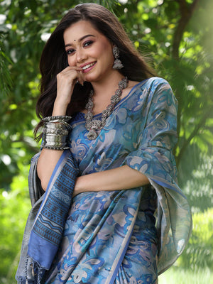 Blue Soft Tussar Silk Printed Saree With Blouse Piece