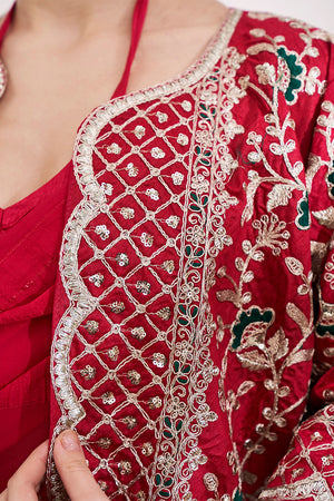 Red Georgette Saree With An Embroidery Overcoat