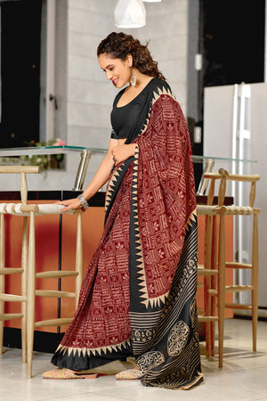 Red Mulmul Cotton Hand Block Print Sarees Saree With Blouse Piece
